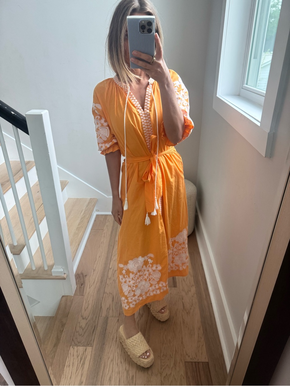 Julia Amory Orange Embroidered Tie-Waist Midi Dress